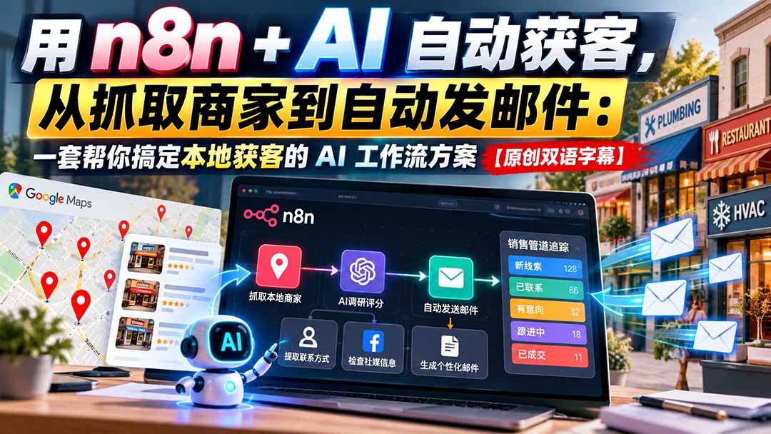 (21076期)【无水印】用n8n + AI自动获客,从抓取商家到自动发邮件:一套帮你搞定本地获客的AI工作流方案【原创双语字幕】