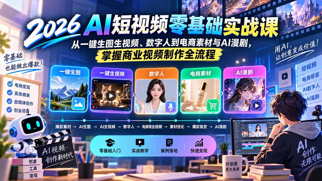 （20263期）2026AI短视频零基础实战课：从一键生图生视频、数字人到电商素材与AI漫剧，掌握商业视频制作全流程网创吧-网创项目资源站-副业项目-创业项目-搞钱项目网创吧