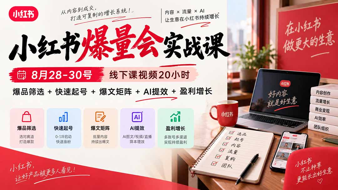 （20523期）小红书爆量会实战课-更新9月17：线下课视频20小时，爆品筛选+快速起号+爆文矩阵+AI提效+盈利增长网创吧-网创项目资源站-副业项目-创业项目-搞钱项目网创吧