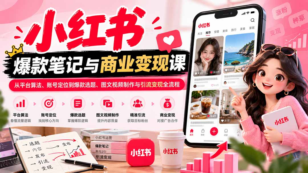 （20709期）2026小红书爆款笔记与商业变现课：从平台算法、账号定位到爆款选题、图文视频制作与引流变现全流程网创库-网创项目资源站-副业项目-创业项目-搞钱项目网创吧