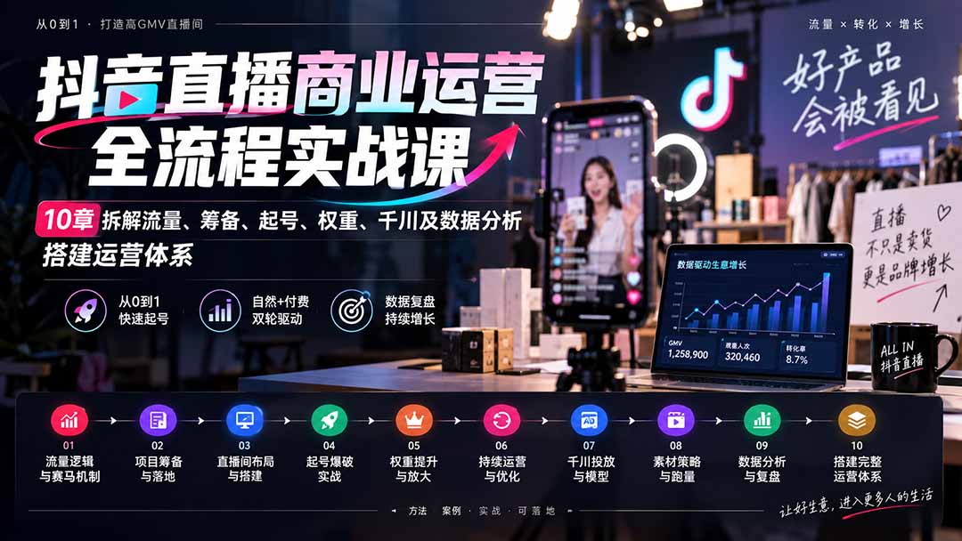 （20407期）抖音直播商业运营全流程实战课：10章拆解流量、筹备、起号、权重、千川及数据分析，搭建运营体系网创吧-网创项目资源站-副业项目-创业项目-搞钱项目网创吧