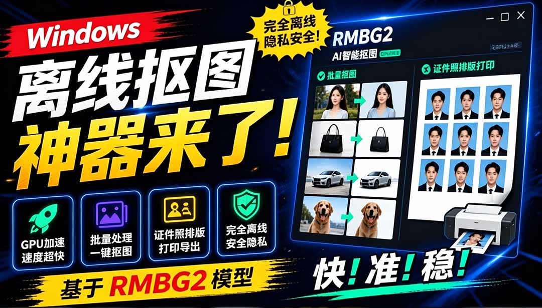 (19357期)Windows离线抠图神器来了!支持批量抠图 + 证件照排版打印,基于RMBG2模型,GPU加速 方块AI抠图网创库-网创项目资源站-副业项目-创业项目-搞钱项目网创吧