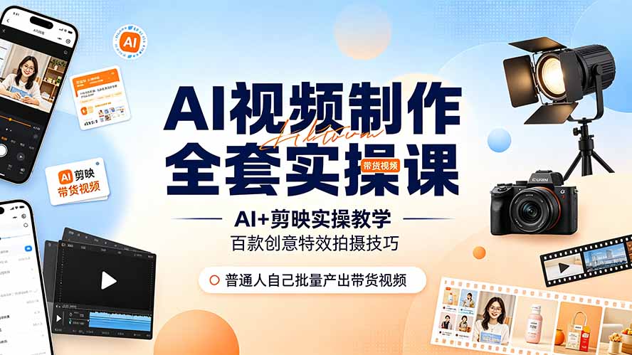 (19200期)AI视频制作全套实操课,多款AI工具搭配剪映教学,百种特效运镜拍摄实操,抖音账号带货运营全覆盖