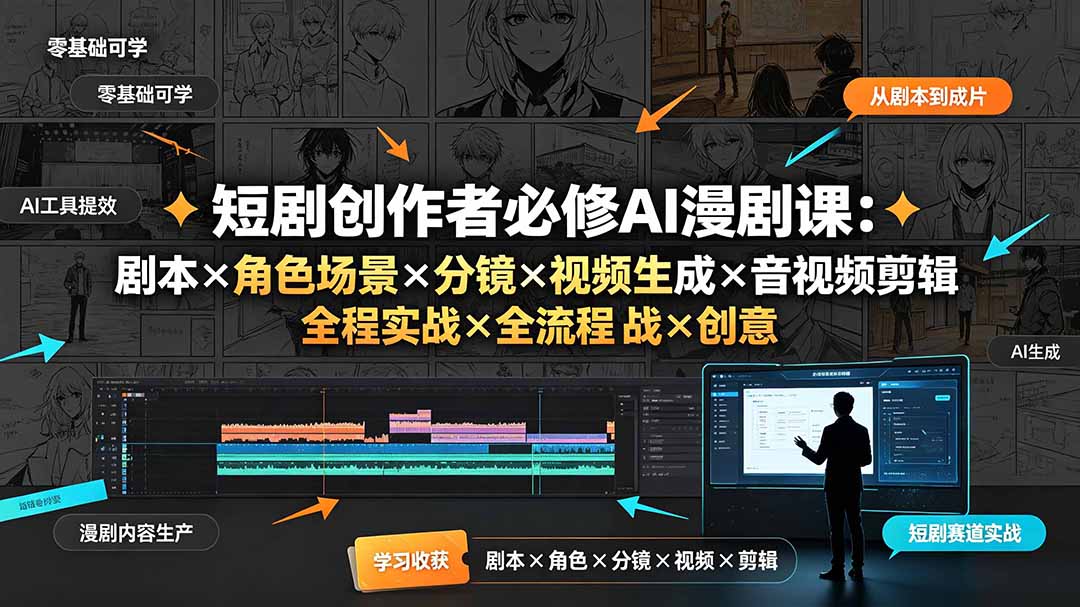 (19459期)短剧创作者必修AI漫剧课:剧本×角色场景×分镜×视频生成×音视频剪辑×全流程实战×创意短片拆解