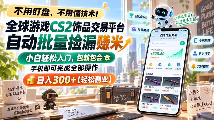 (20455期)全球游戏CS2饰品交易平台自动批量捡漏赚米,小白轻松入门,包教包会,手机即可完成全部操作,日入300+【轻松副业】网创吧-网创项目资源站-副业项目-创业项目-搞钱项目网创吧