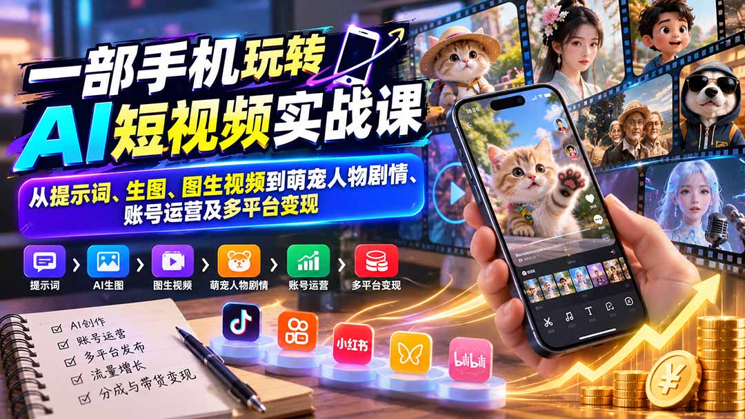 （20663期）一部手机玩转AI短视频实战课：从提示词、生图、图生视频到萌宠人物剧情、账号运营及多平台变现网创吧-网创项目资源站-副业项目-创业项目-搞钱项目网创吧