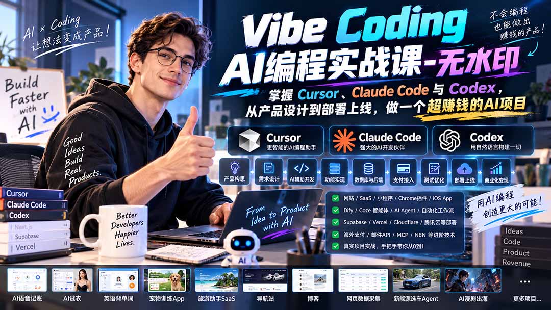 （20431期）Vibe Coding AI编程实战课-无水印：掌握Cursor、Claude Code与Codex，从产品设计到部署上线，做一个超赚钱的AI项目网创吧-网创项目资源站-副业项目-创业项目-搞钱项目网创吧