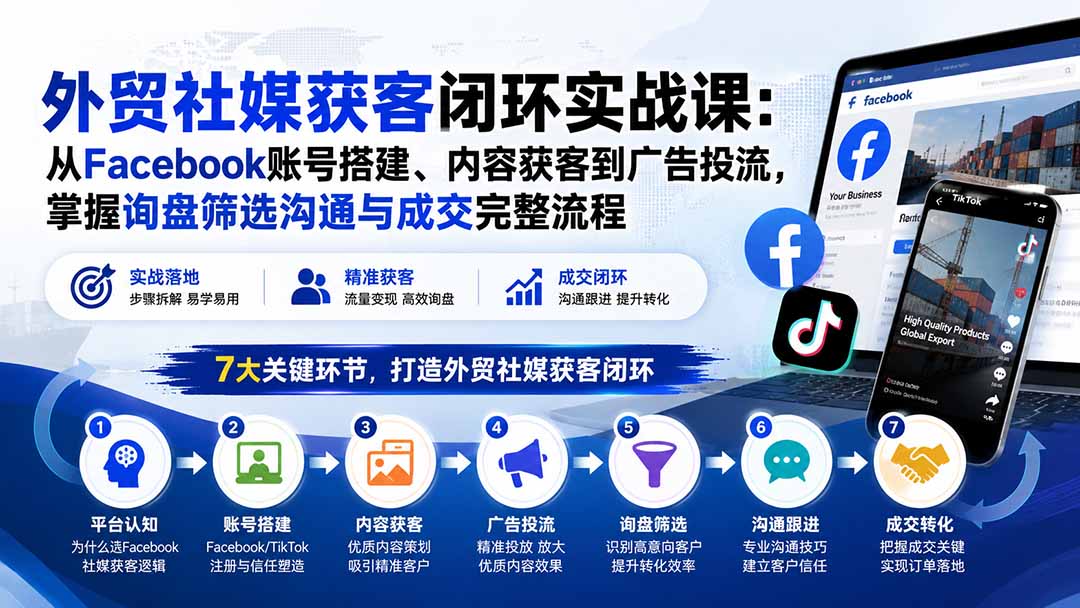 （20218期）外贸社媒获客闭环实战课：从Facebook账号搭建、内容获客到广告投流，掌握询盘筛选沟通与成交完整流程网创吧-网创项目资源站-副业项目-创业项目-搞钱项目网创吧