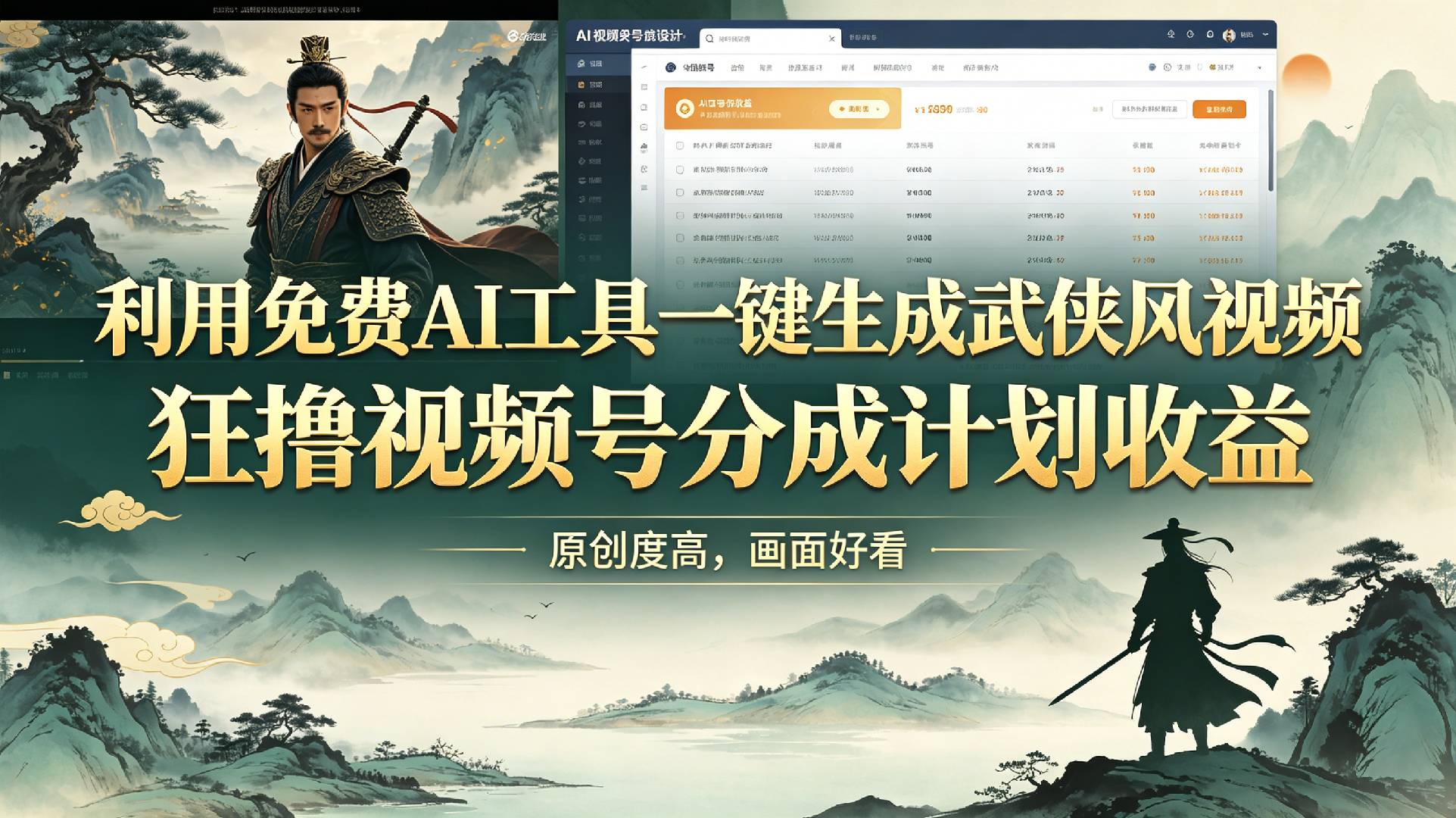 利用免费AI工具一键生成武侠风视频，狂撸视频号分成计划收益，原创度高，画面好看网创吧-网创项目资源站-副业项目-创业项目-搞钱项目网创吧