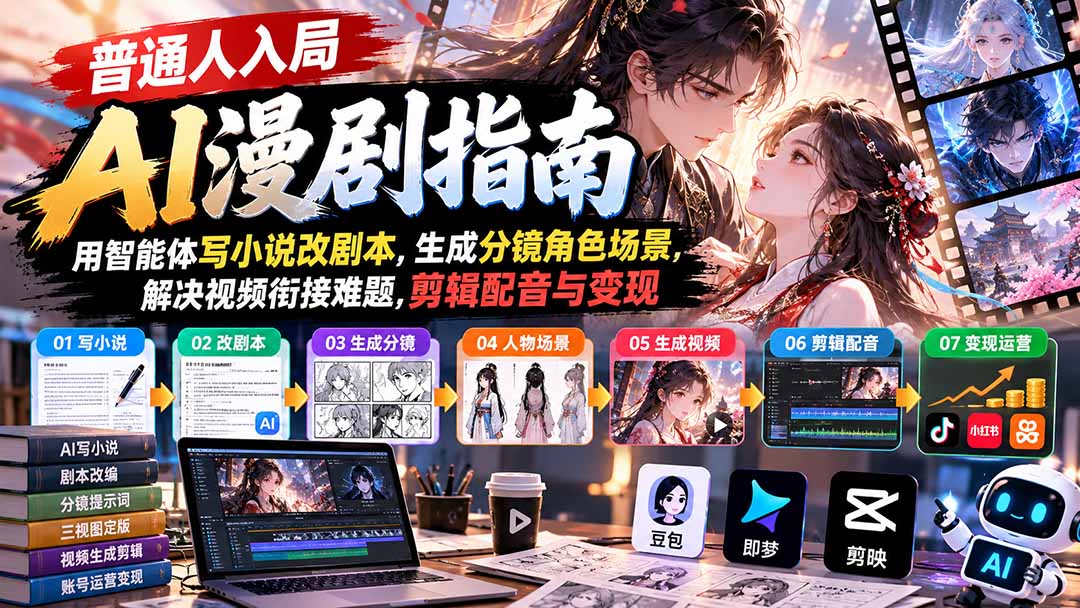 (21033期)【无水印】普通人入局AI漫剧指南:用智能体写小说改剧本,生成分镜角色场景,解决视频衔接难题,剪辑配音与变现-网创项目资源站-副业项目_创业项目_搞钱项目_网创项目资源平台