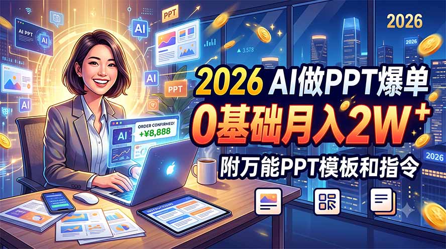 （19284期）2026 AI做PPT爆单，0基础月入2W，附万能PPT模板和指令网创吧-网创项目资源站-副业项目-创业项目-搞钱项目网创吧