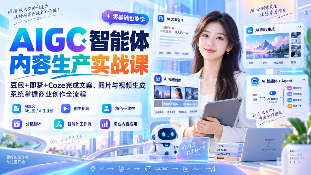 （20373期）AIGC智能体内容生产实战课：豆包+即梦+Coze完成文案、图片与视频生成，系统掌握商业创作全流程网创吧-网创项目资源站-副业项目-创业项目-搞钱项目网创吧