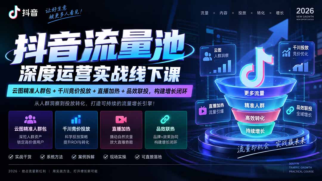 （20598期）抖音流量池深度运营实战线下课｜云图精准人群包+千川竞价投放+直播加热+品效联投，构建增长闭环网创吧-网创项目资源站-副业项目-创业项目-搞钱项目网创吧