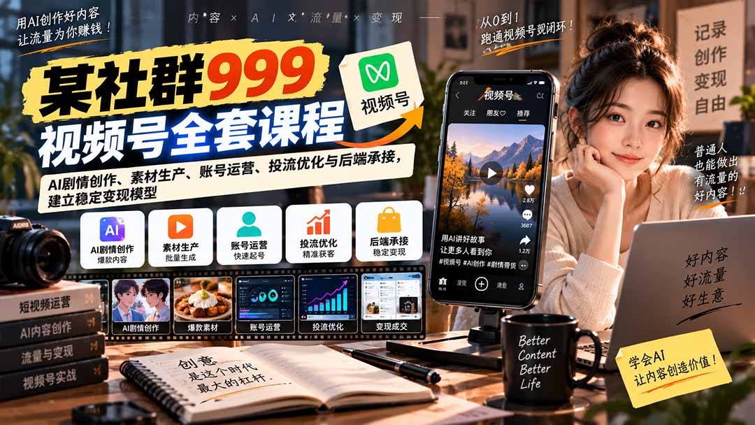 （20612期）【无水印】某社群999视频号全套课程：AI剧情创作、素材生产、账号运营、投流优化与后端承接，建立稳定变现模型网创吧-网创项目资源站-副业项目-创业项目-搞钱项目网创吧