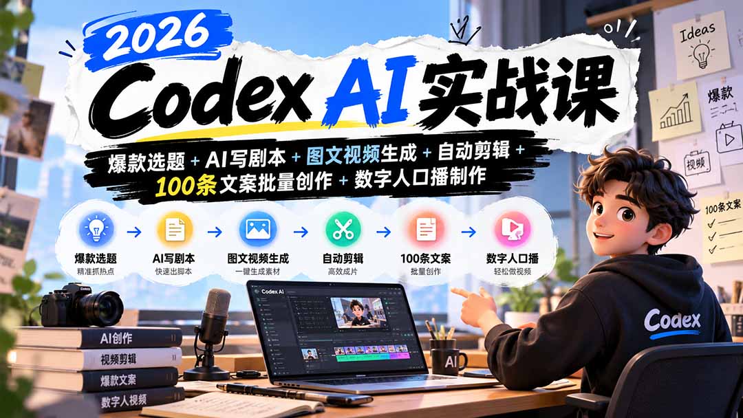 (20899期)2026Codex AI实战课:爆款选题+AI写剧本+图文视频生成+自动剪辑+100条文案批量创作+数字人口播制作-网创项目资源站-副业项目_创业项目_搞钱项目_网创项目资源平台