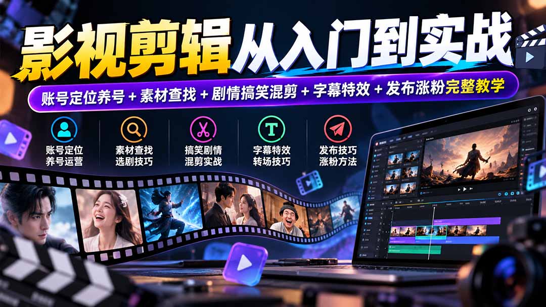 (20812期)影视剪辑从入门到实战:账号定位养号+素材查找+剧情搞笑混剪+字幕特效+发布涨粉完整教学网创库-网创项目资源站-副业项目-创业项目-搞钱项目网创吧
