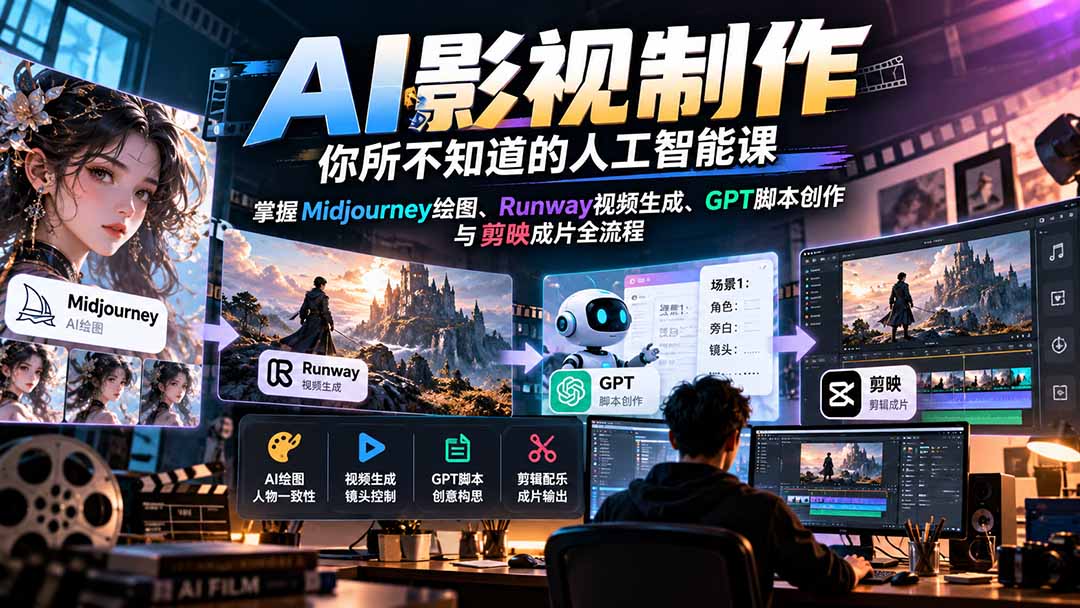 (20681期)AI影视制作-你所不知道的人工智能课,掌握Midjourney绘图、Runway视频生成、GPT脚本创作与剪映成片全流程网创吧-网创项目资源站-副业项目-创业项目-搞钱项目网创吧