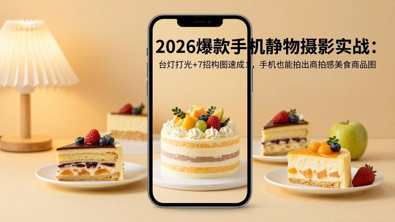 (17960期)2026爆款手机静物摄影实战:台灯打光+7招构图速成,手机也能拍出商拍感美食商品图