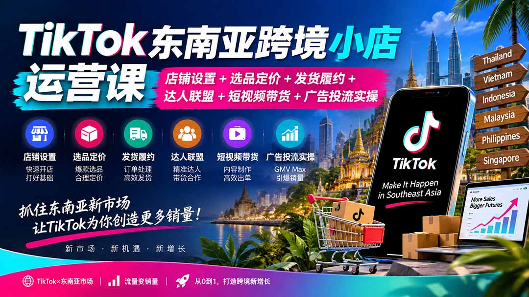 （20483期）TikTok东南亚跨境小店运营课：店铺设置+选品定价+发货履约+达人联盟+短视频带货+广告投流实操网创吧-网创项目资源站-副业项目-创业项目-搞钱项目网创吧