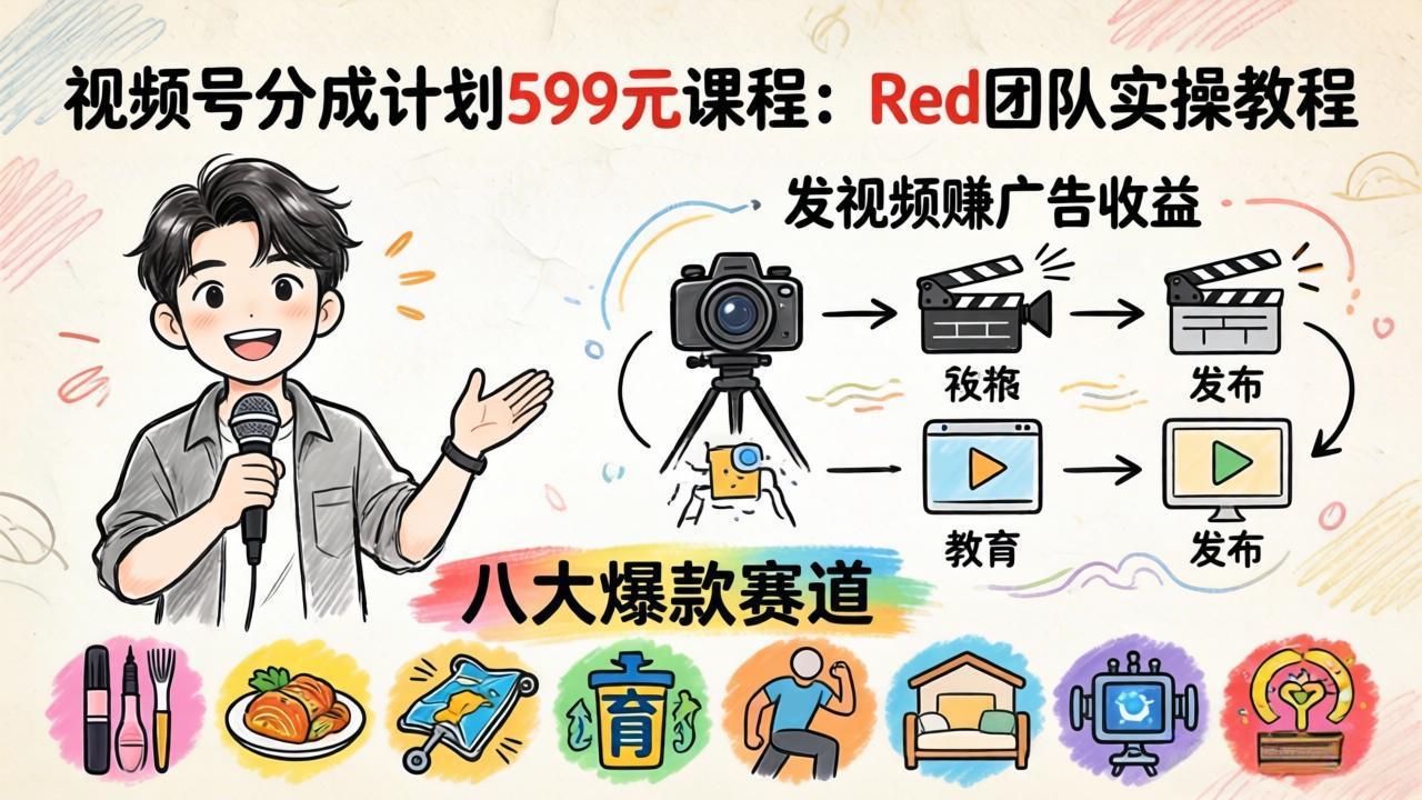 (18088期)视频号分成计划599元课程:Red团队实操教程,发视频赚广告收益,八大爆款赛道全掌握
