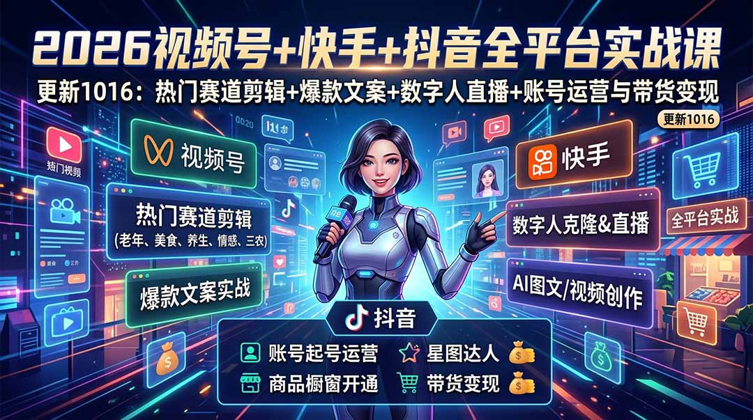 （20997期）视频号+快手+抖音三大平台的全栈剪辑+数字人直播实战课-3月更新：快速实现短视频变现-网创项目资源站-副业项目_创业项目_搞钱项目_网创项目资源平台