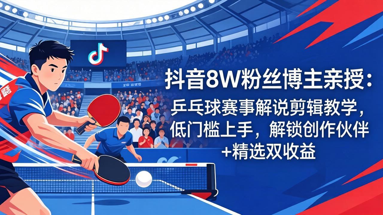 （18069期）抖音8W粉丝博主亲授：乒乓球赛事解说剪辑教学，低门槛上手，解锁创作伙伴+精选双收益网创吧-网创项目资源站-副业项目-创业项目-搞钱项目网创吧