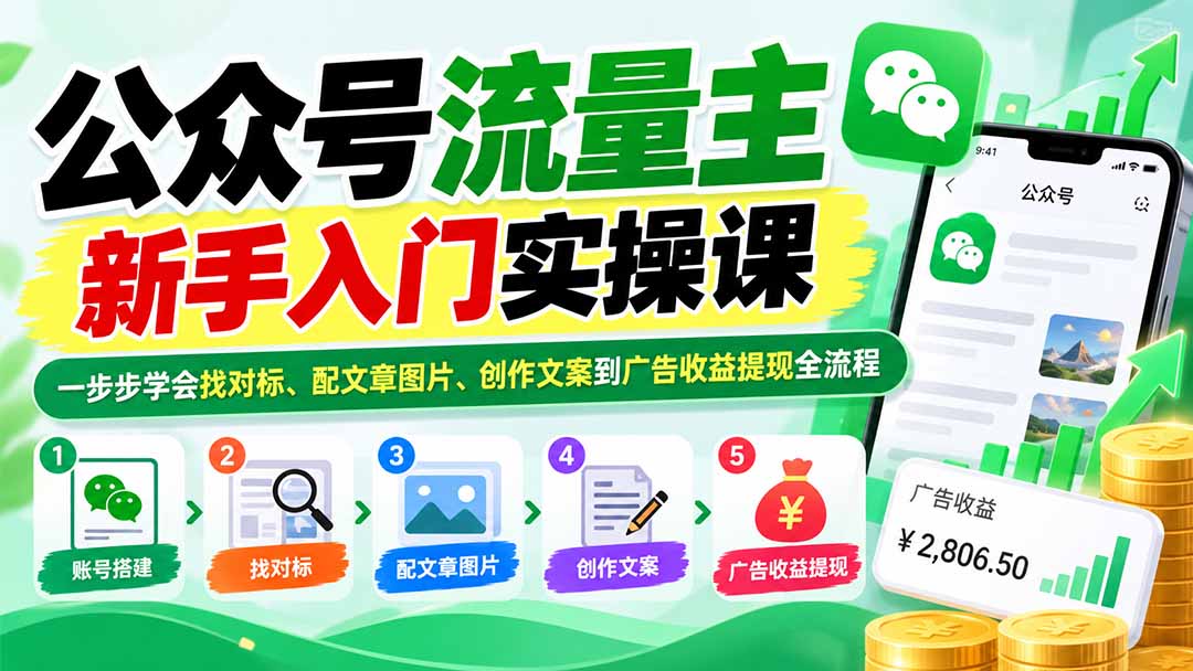 (20816期)公众号流量主新手入门实操课:一步步学会找对标、配文章图片、创作文案到广告收益提现全流程网创库-网创项目资源站-副业项目-创业项目-搞钱项目网创吧