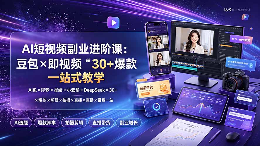 (19458期)AI短视频副业进阶课:豆包×即梦×星绘×小云雀×DeepSeek×30+爆款×剪辑×拍摄×直播×带货一站式教学