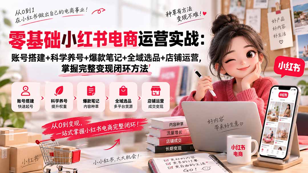 (20467期)零基础小红书电商运营实战:账号搭建+科学养号+爆款笔记+全域选品+店铺运营,掌握完整变现闭环方法网创吧-网创项目资源站-副业项目-创业项目-搞钱项目网创吧