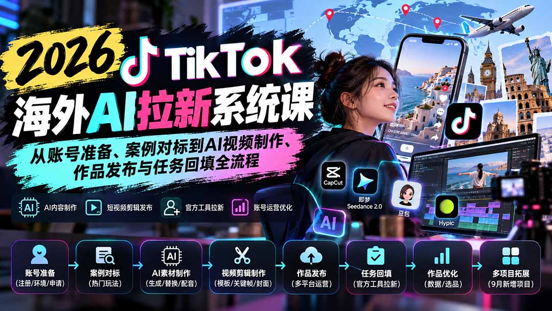 (20675期)【无水印】2026 TikTok海外AI拉新系统课:从账号准备、案例对标到AI视频制作、作品发布与任务回填全流程网创吧-网创项目资源站-副业项目-创业项目-搞钱项目网创吧