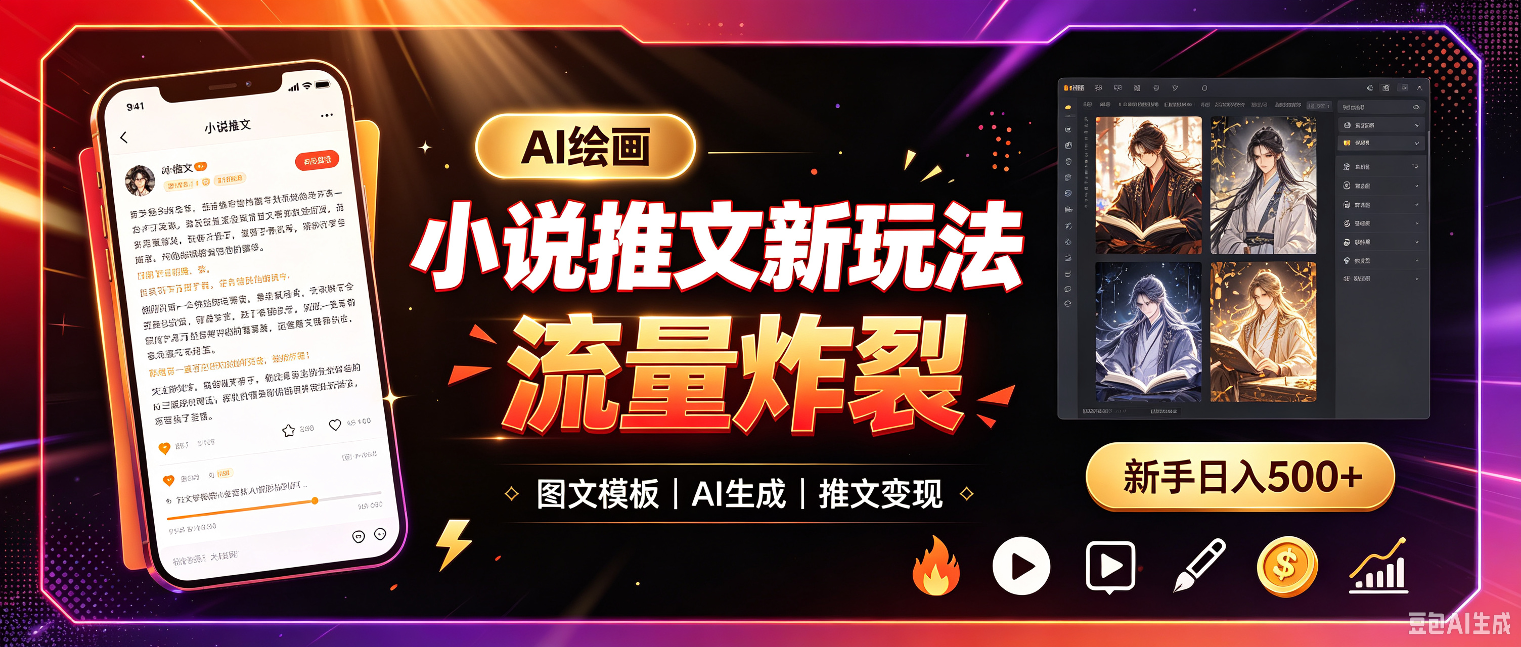 小说推文新玩法AI绘画，流量炸裂，新手日入500+网创吧-网创项目资源站-副业项目-创业项目-搞钱项目网创吧