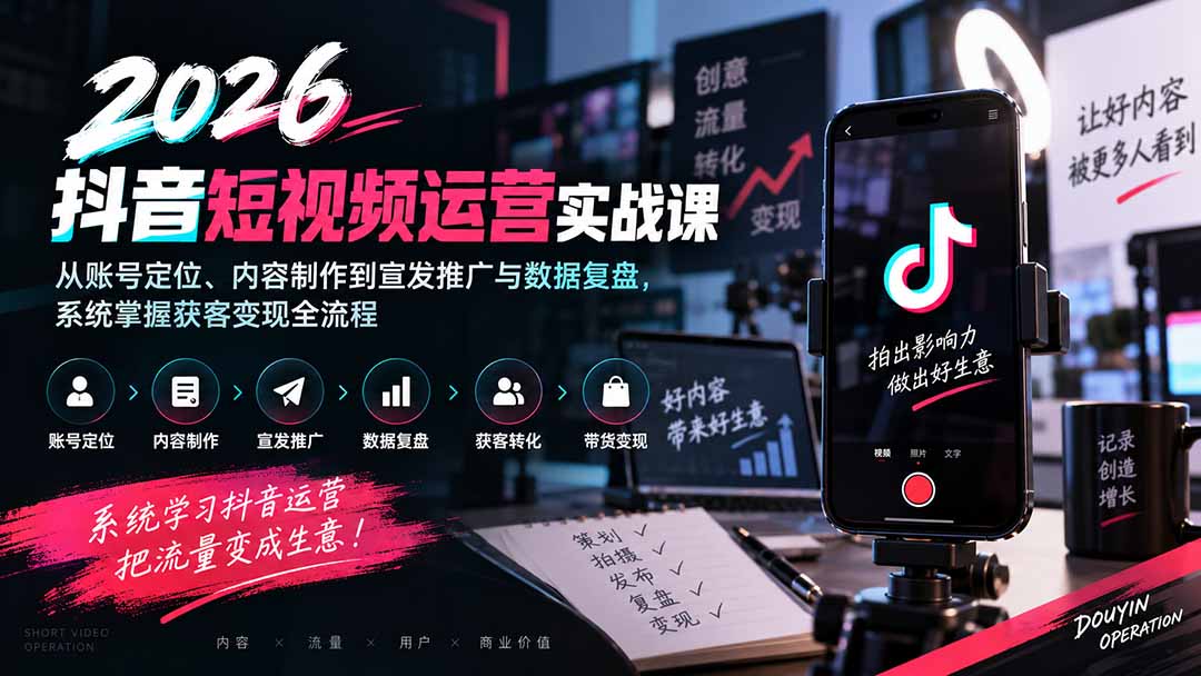 （20406期）2026抖音短视频运营实战课：从账号定位、内容制作到宣发推广与数据复盘，系统掌握获客变现全流程网创吧-网创项目资源站-副业项目-创业项目-搞钱项目网创吧