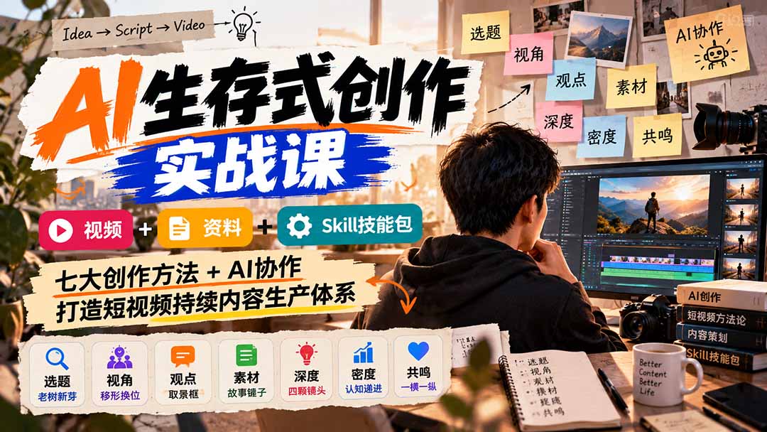 （21081期）AI生存式创作实战课：视频+资料+Skill技能包，七大创作方法+AI协作，打造短视频持续内容生产体系-网创项目资源站-副业项目_创业项目_搞钱项目_网创项目资源平台