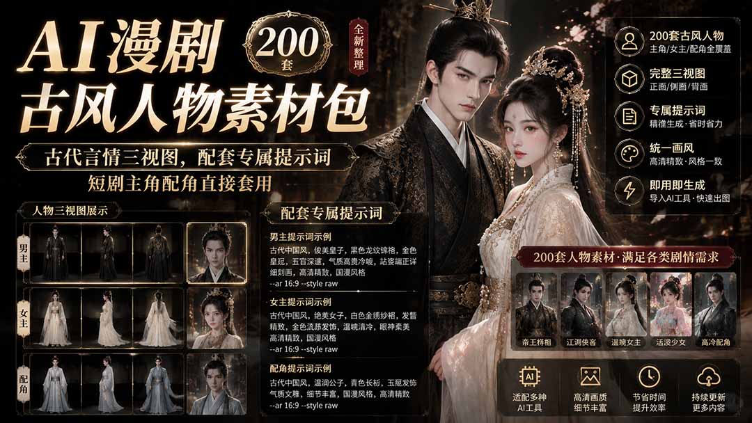 （19693期）AI漫剧古风人物素材包+提示词｜200 套古代言情三视图，配套专属提示词短剧主角配角直接套用网创吧-网创项目资源站-副业项目-创业项目-搞钱项目网创吧