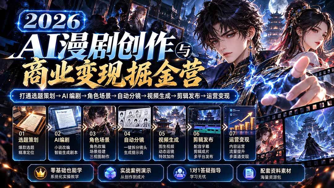 (20906期)【无水印】2026AI漫剧创作与商业变现掘金营:打通选题→AI编剧→角色场景→自动分镜→视频生成→剪辑发布→运营变现-网创项目资源站-副业项目_创业项目_搞钱项目_网创项目资源平台