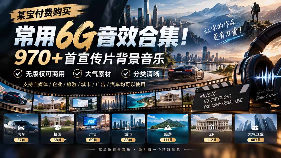 （20603期）某宝付费购买，常用6G音效合集！970+首宣传片背景音乐，无版权可商用大气素材，分类清晰网创吧-网创项目资源站-副业项目-创业项目-搞钱项目网创吧