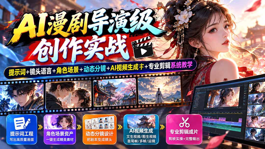 (20814期)AI漫剧导演级创作实战:提示词+镜头语言+角色场景+动态分镜+AI视频生成+专业剪辑系统教学网创库-网创项目资源站-副业项目-创业项目-搞钱项目网创吧