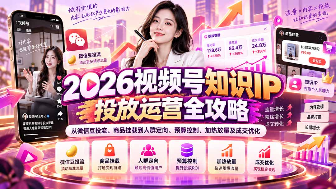 （20860期）2026视频号知识IP投放运营全攻略：从微信豆投流、商品挂载到人群定向、预算控制、加热放量及成交优化-网创吧