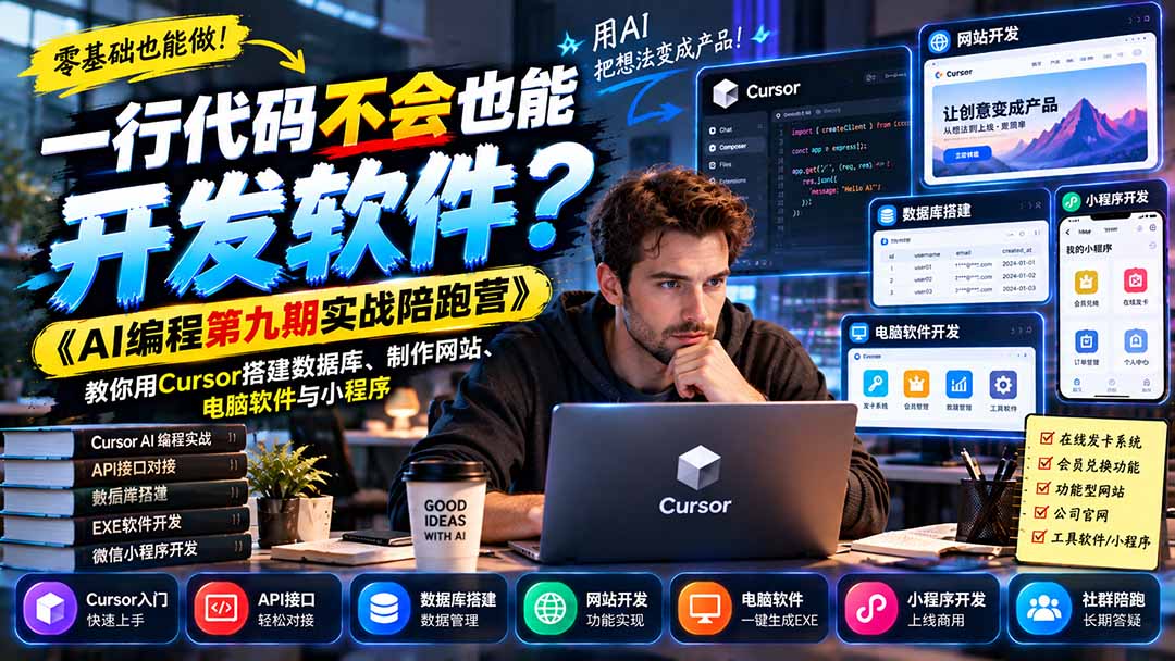 （21146期）一行代码不会也能开发软件？《AI编程第九期实战陪跑营》教你用Cursor搭建数据库、制作网站、电脑软件与小程序-网创项目资源站-副业项目_创业项目_搞钱项目_网创项目资源平台
