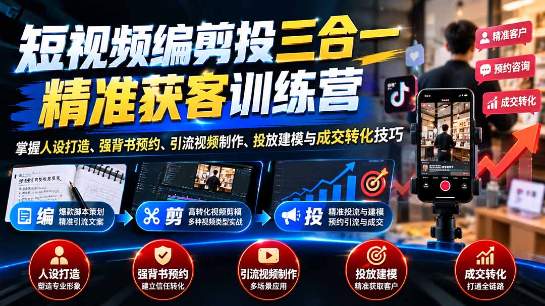 (20910期)短视频编剪投三合一精准获客训练营:掌握人设打造、强背书预约、引流视频制作、投放建模与成交转化技巧-网创项目资源站-副业项目_创业项目_搞钱项目_网创项目资源平台
