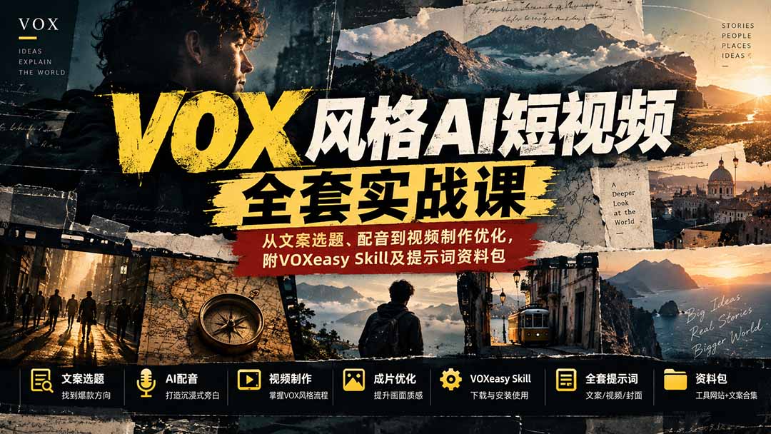 (20677期)【无水印】VOX风格AI短视频全套实战课:从文案选题、配音到视频制作优化,附VOXeasy Skill及提示词资料包网创吧-网创项目资源站-副业项目-创业项目-搞钱项目网创吧