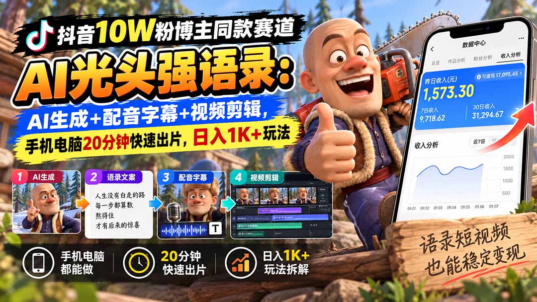 (20687期)【无水印】抖音10W粉博主同款赛道AI光头强语录:AI生成+配音字幕+视频剪辑,手机电脑20分钟快速出片,日入1K+玩法网创吧-网创项目资源站-副业项目-创业项目-搞钱项目网创吧