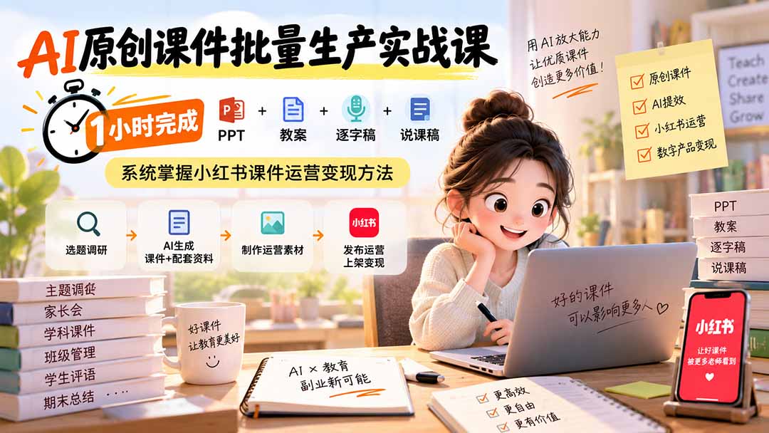 (20351期)AI原创课件批量生产实战课:1小时完成PPT+教案+逐字稿+说课稿,系统掌握小红书课件运营变现方法网创吧-网创项目资源站-副业项目-创业项目-搞钱项目网创吧