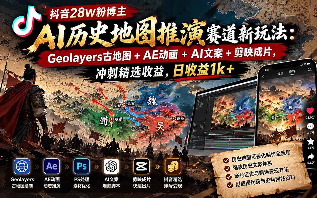 （20809期）抖音28W粉博主AI历史地图推演赛道新玩法：Geolayers古地图+AE动画+AI文案+剪映成片，冲刺精选收益，日收益1k+网创库-网创项目资源站-副业项目-创业项目-搞钱项目网创吧