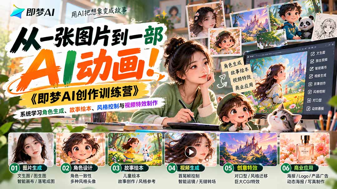 (21160期)【无水印】从一张图片到一部AI动画!《即梦AI创作训练营》系统学习角色生成、故事绘本、风格控制与视频特效制作-网创项目资源站-副业项目_创业项目_搞钱项目_网创项目资源平台