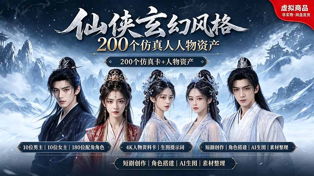 （19301期）200个仙侠玄幻仿真人素材◆10男主×10女主×180配角，4K资料卡+AI生图提示词，漫剧必备网创库-网创项目资源站-副业项目-创业项目-搞钱项目网创吧