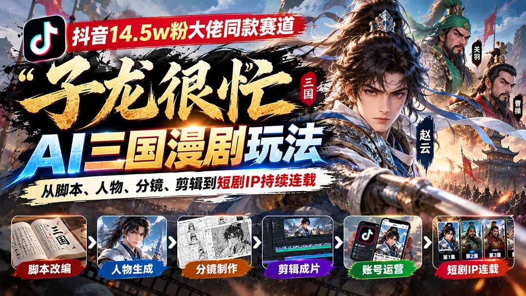 (20818期)抖音14.5w粉大佬同款赛道「子龙很忙」AI三国漫剧玩法:从脚本、人物、分镜、剪辑到短剧IP持续连载网创库-网创项目资源站-副业项目-创业项目-搞钱项目网创吧