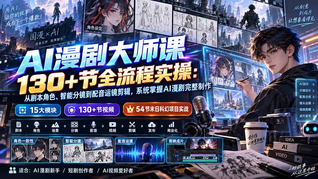 (20326期)AI漫剧大师课130+节全流程实操:从剧本角色、智能分镜到配音运镜剪辑,系统掌握AI漫剧完整制作网创吧-网创项目资源站-副业项目-创业项目-搞钱项目网创吧