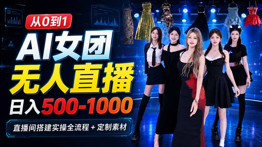 （20051期）AI 女团无人直播，躺入500-1000每天，直播间搭建实操全流程+定制素材网创吧-网创项目资源站-副业项目-创业项目-搞钱项目网创吧