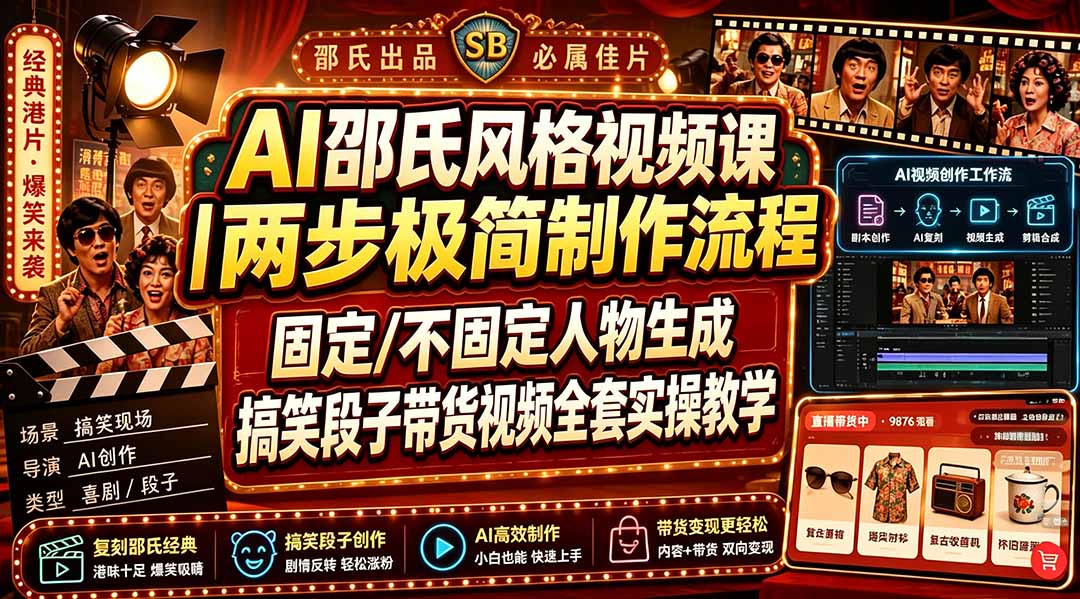 (19602期)AI邵氏风格视频课|两步极简制作流程,固定/不固定人物生成,搞笑段子带货视频全套实操教学网创吧-网创项目资源站-副业项目-创业项目-搞钱项目网创吧
